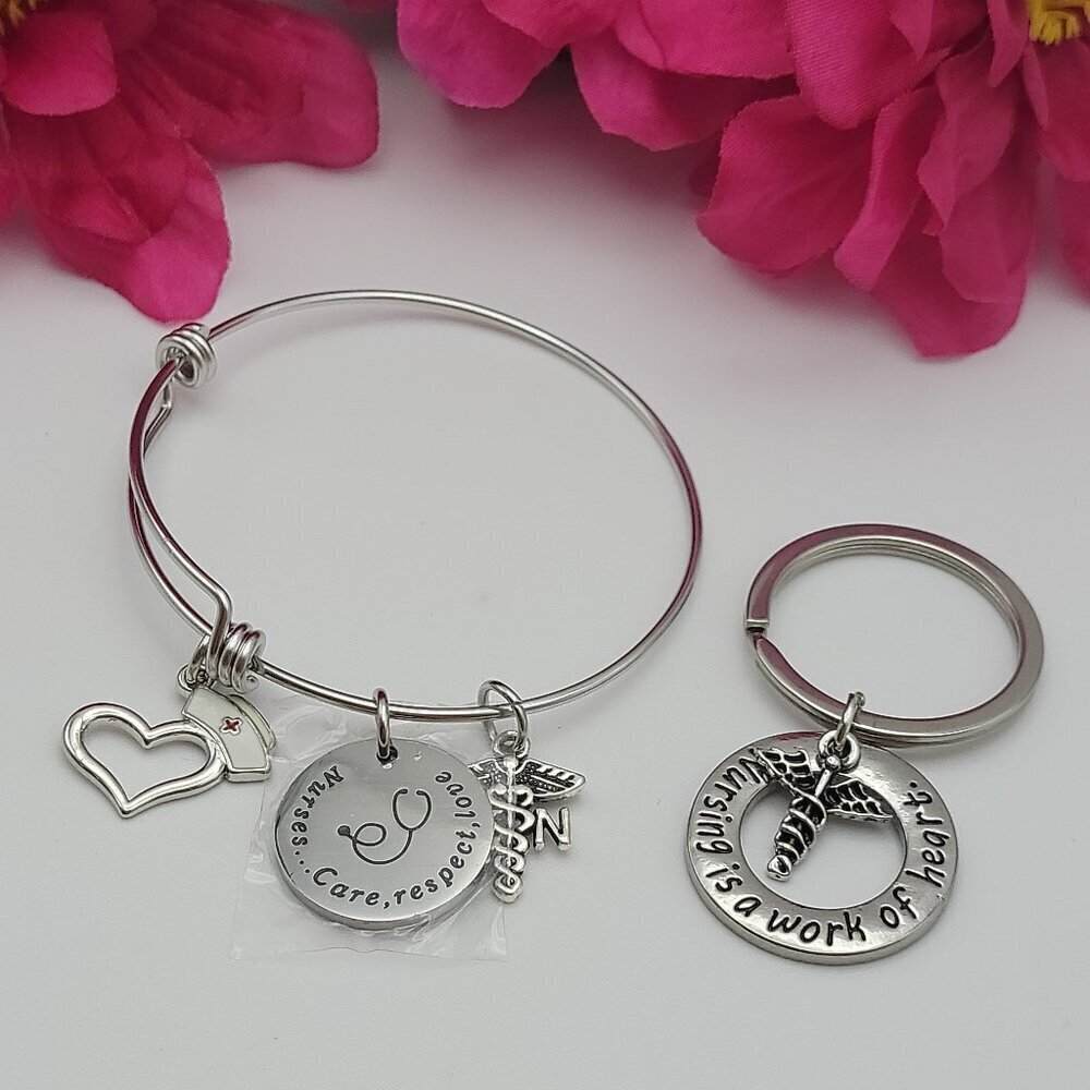 Silver Tone Charm Bracelet And Keychain Set "Nursing Is A Work Of Heart"  GIFT